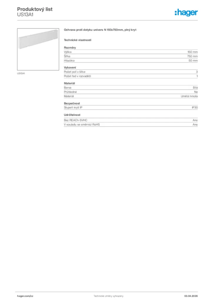 Obrázek Hager Product data sheet US13A1 | Hager
