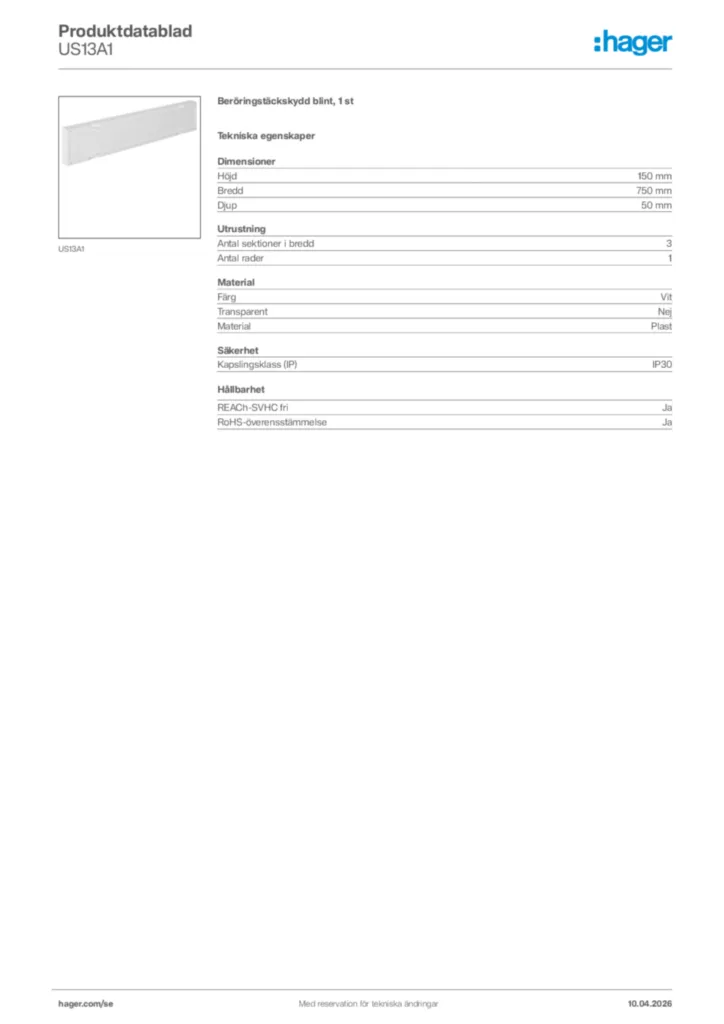 Bild Hager Produktdatablad US13A1 | Hager Sverige
