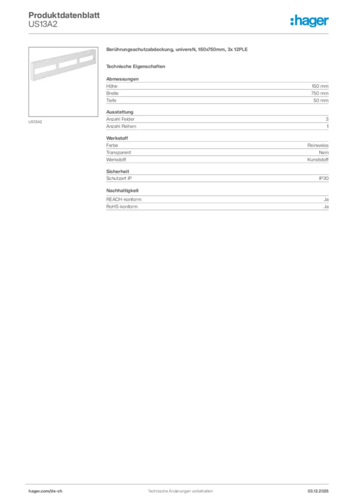Bild Hager Produktdatenblatt US13A2 | Hager Schweiz