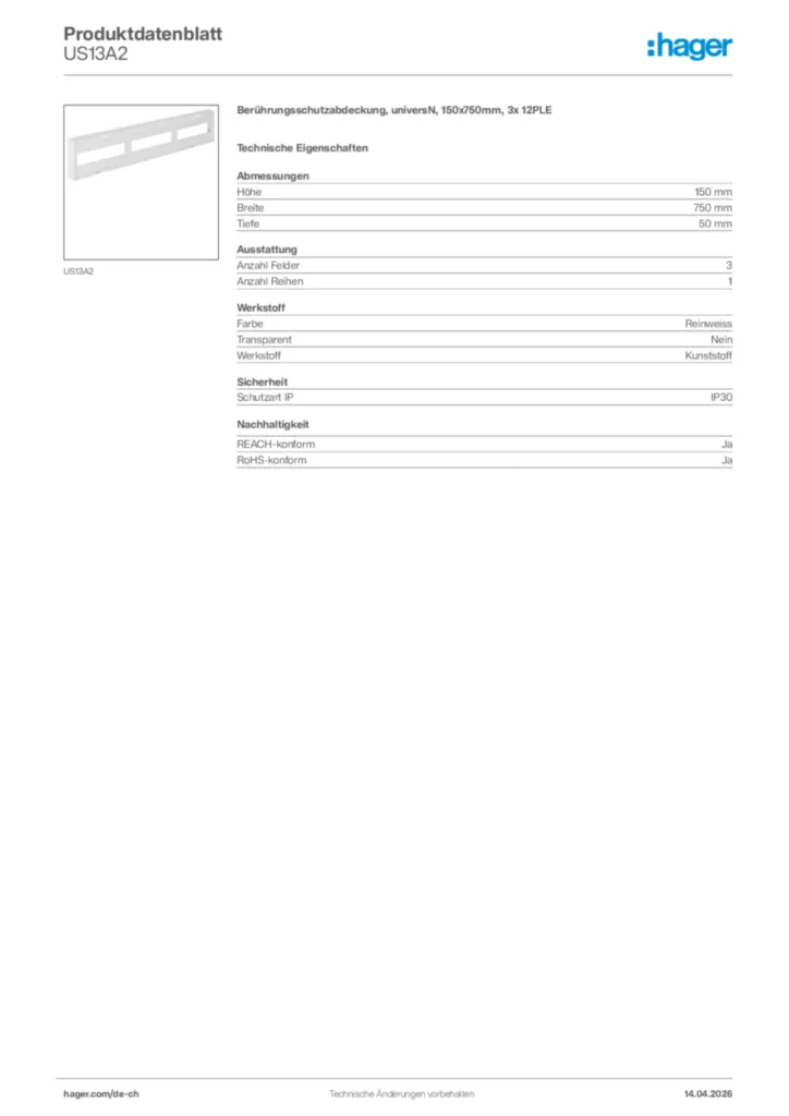Bild Hager Produktdatenblatt US13A2 | Hager Schweiz