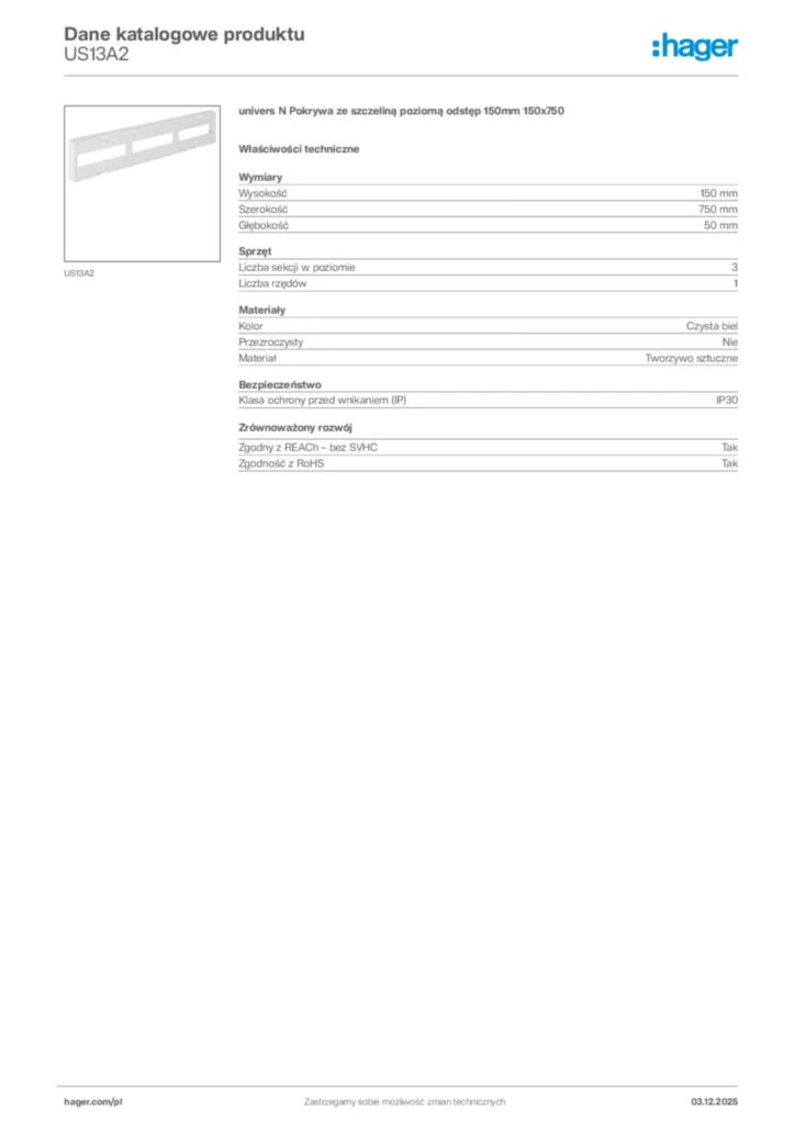 Zdjęcie Hager Karta katalogowa US13A2 | Hager Polska