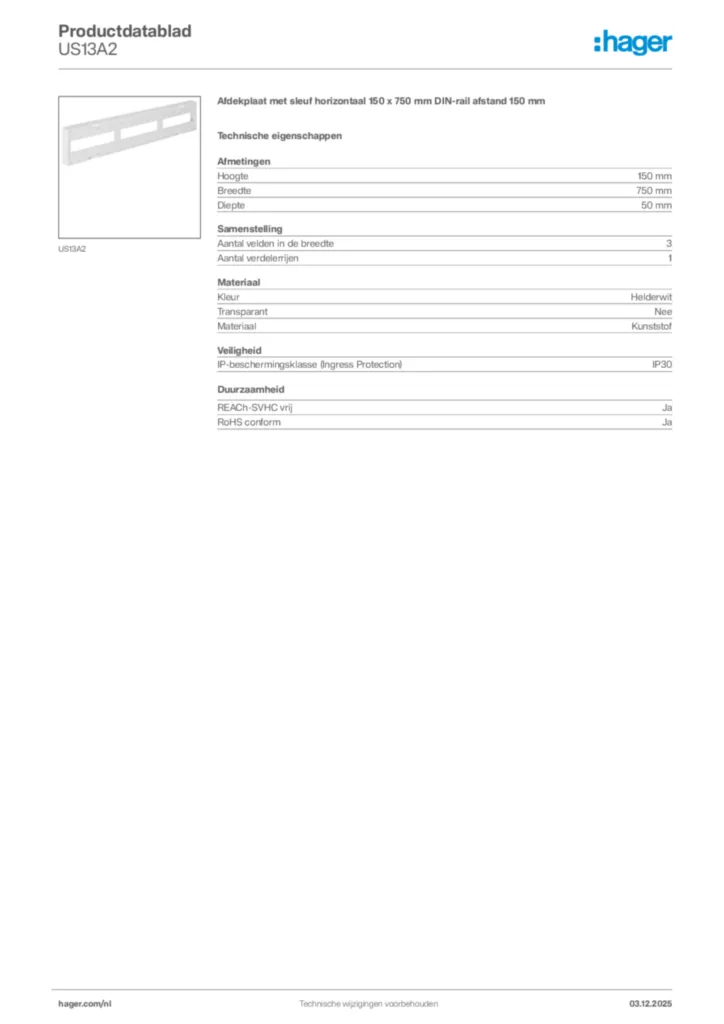 Afbeelding Hager Productdatablad US13A2 | Hager Nederland