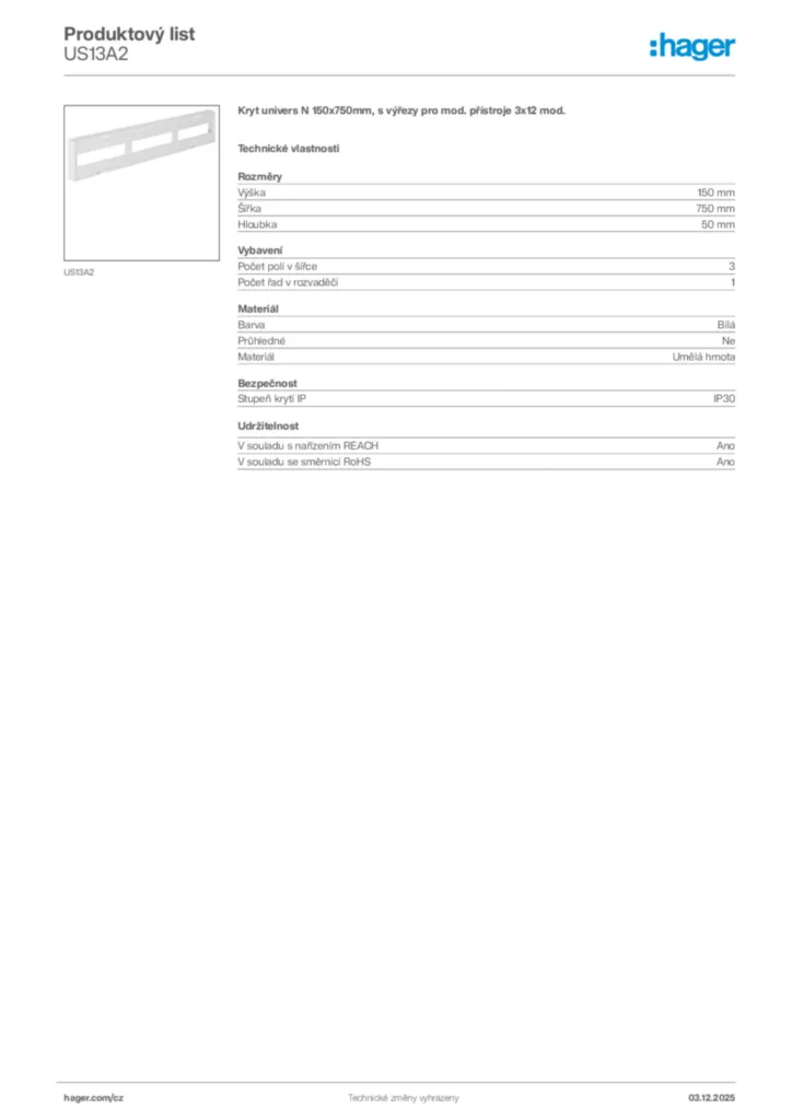 Obrázek Hager Product data sheet US13A2 | Hager