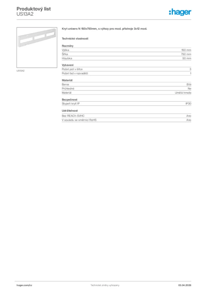 Obrázek Hager Product data sheet US13A2 | Hager