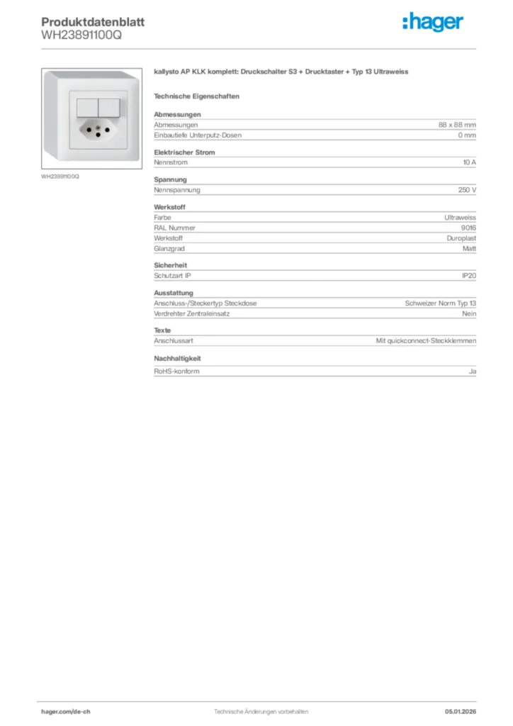 Bild Hager Produktdatenblatt WH23891100Q | Hager Schweiz