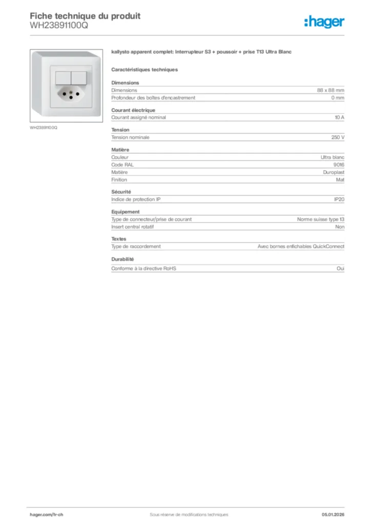 Image Hager Fiche technique du produit WH23891100Q | Hager Suisse