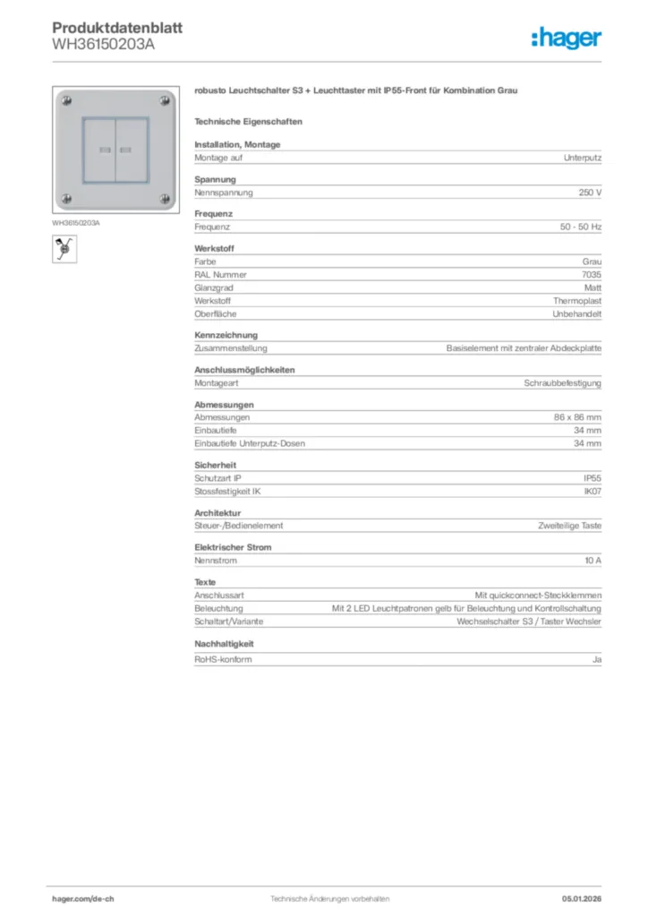 Bild Hager Produktdatenblatt WH36150203A | Hager Schweiz