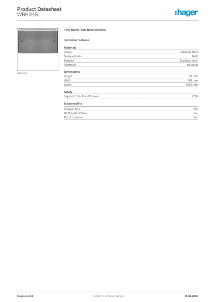 Image Hager Product data sheet WRP2BS  | Hager