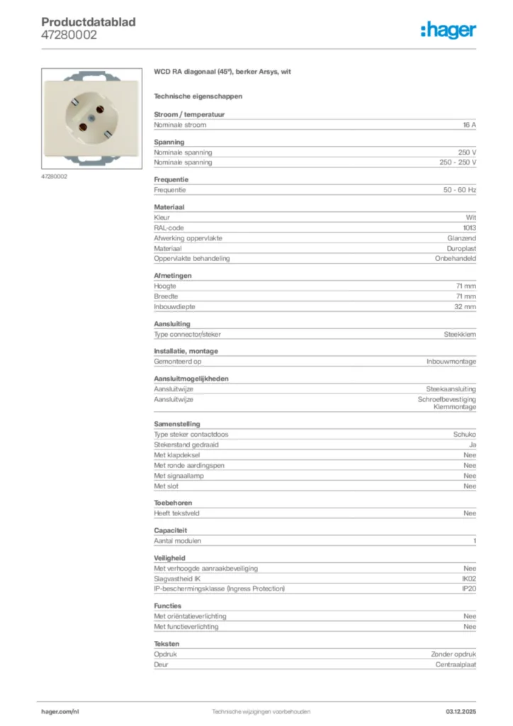 Afbeelding Hager Productdatablad 47280002 | Hager Nederland