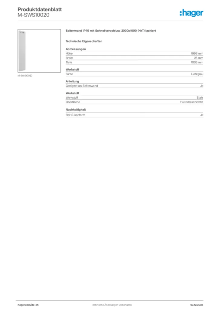 Bild Hager Produktdatenblatt M-SWS10020 | Hager Schweiz