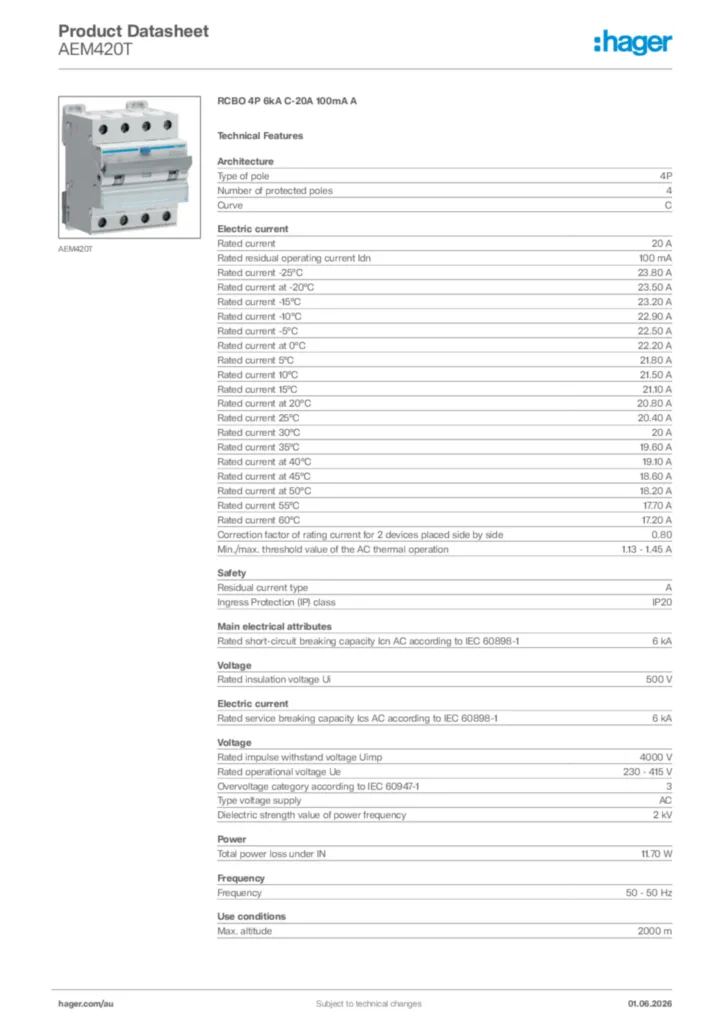 Image Hager Product data sheet AEM420T  | Hager Australia