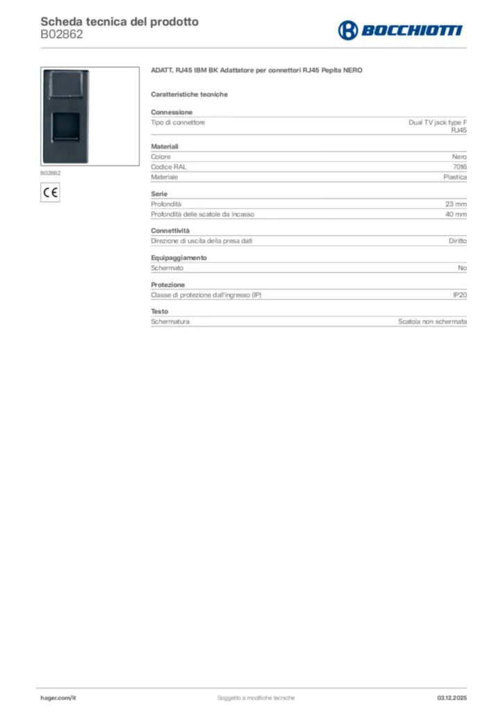 Immagine Bocchiotti Scheda tecnica del prodotto B02862 | Hager Italia
