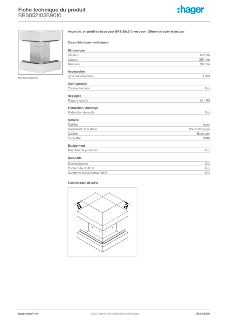 Image Hager Fiche technique du produit BRS852103B9010 | Hager Suisse