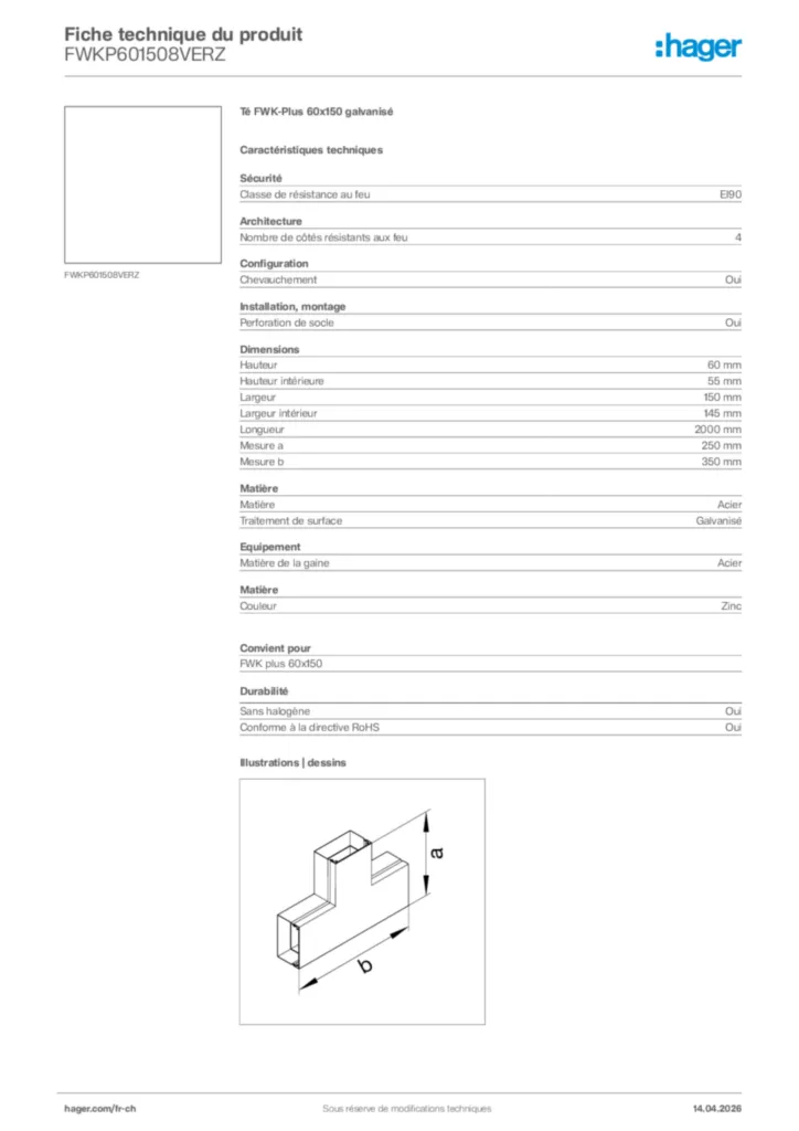 Image Hager Fiche technique du produit FWKP601508VERZ | Hager Suisse
