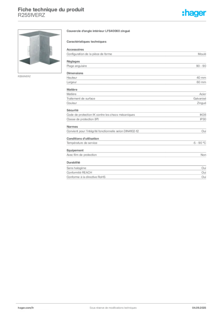 Image Hager Fiche technique du produit R2551VERZ | Hager France