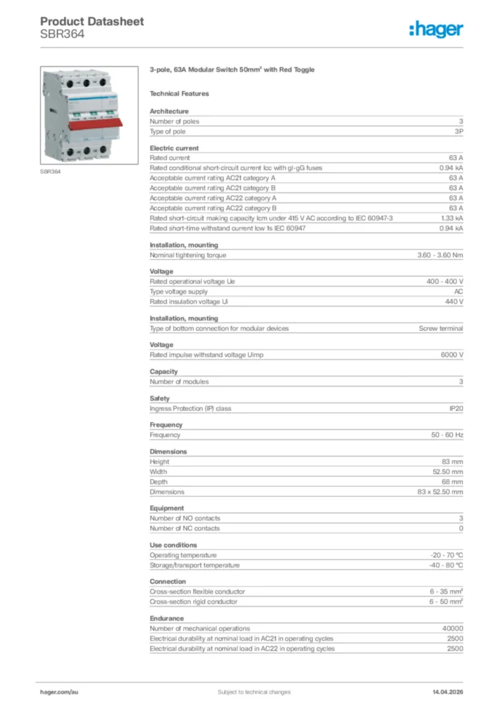 Image Hager Product data sheet SBR364  | Hager Australia