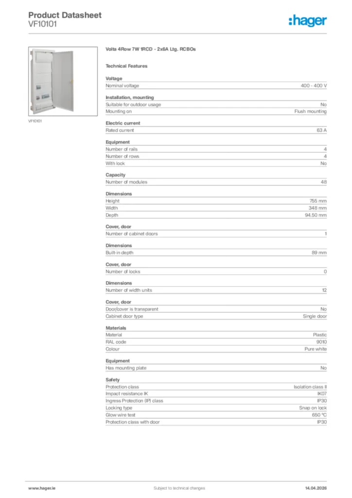 Image Hager Product data sheet VF10101  | Hager
