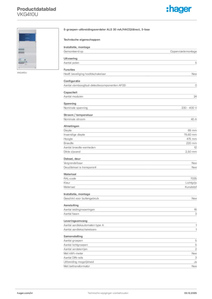 Afbeelding Hager Productdatablad VKG410U | Hager Nederland