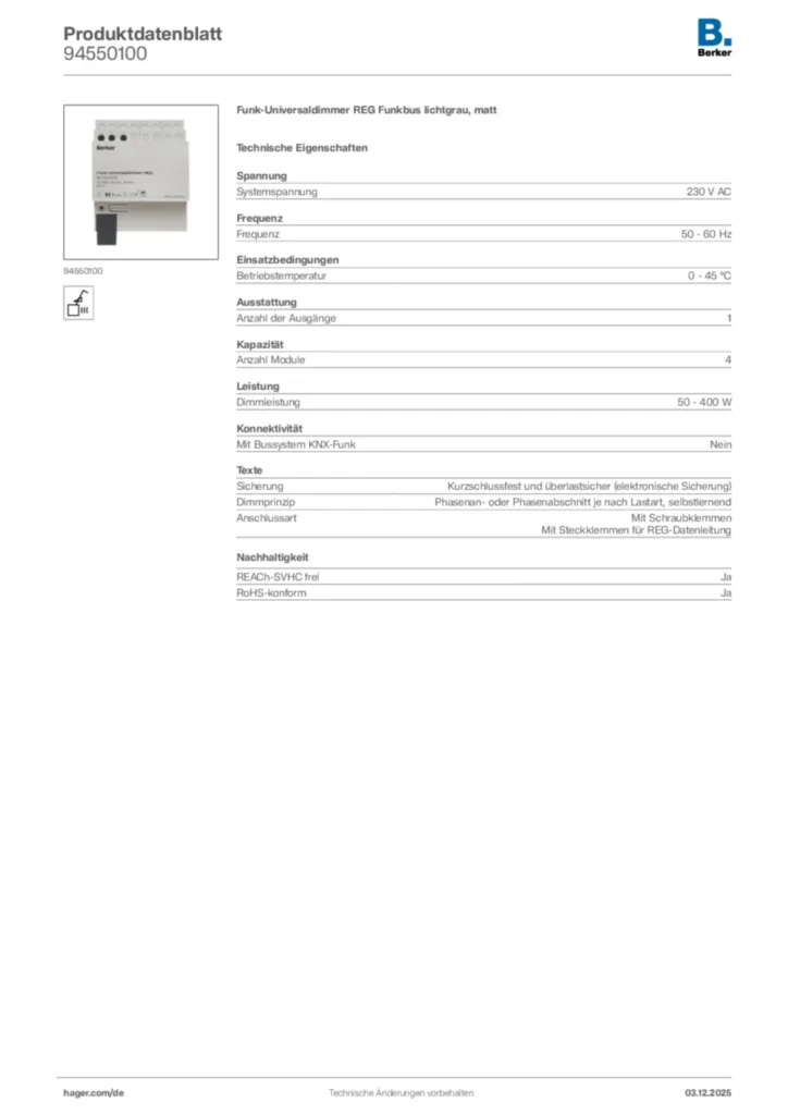 Bild Berker Produktdatenblatt 94550100 | Hager Deutschland