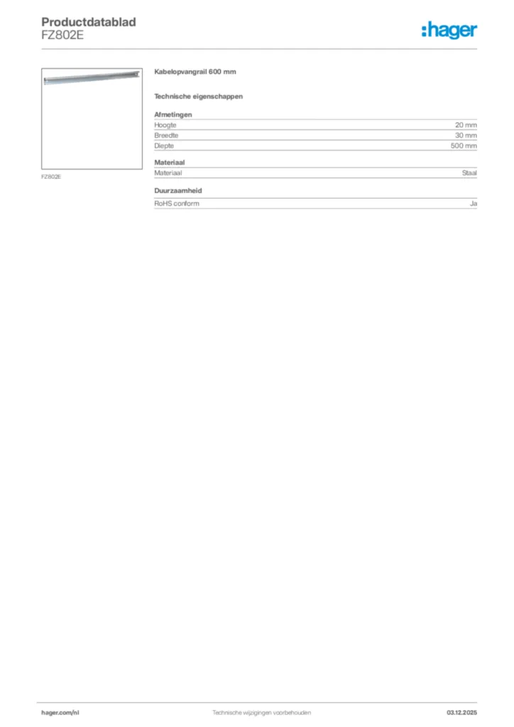 Afbeelding Hager Productdatablad FZ802E | Hager Nederland