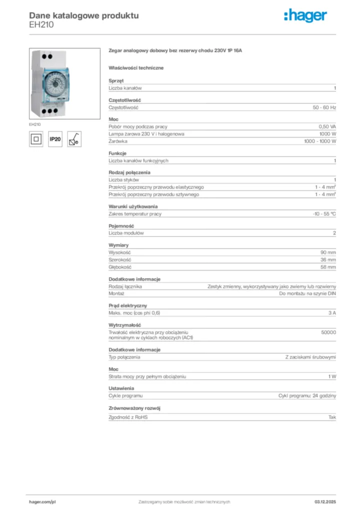 Zdjęcie Hager Karta katalogowa EH210 | Hager Polska