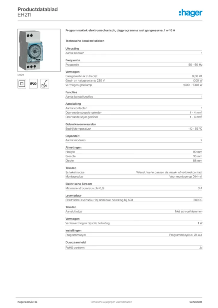 Afbeelding Hager Productdatablad EH211 | Hager Belgium