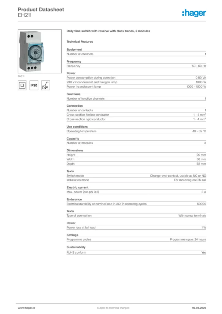 Image Hager Product data sheet EH211  | Hager