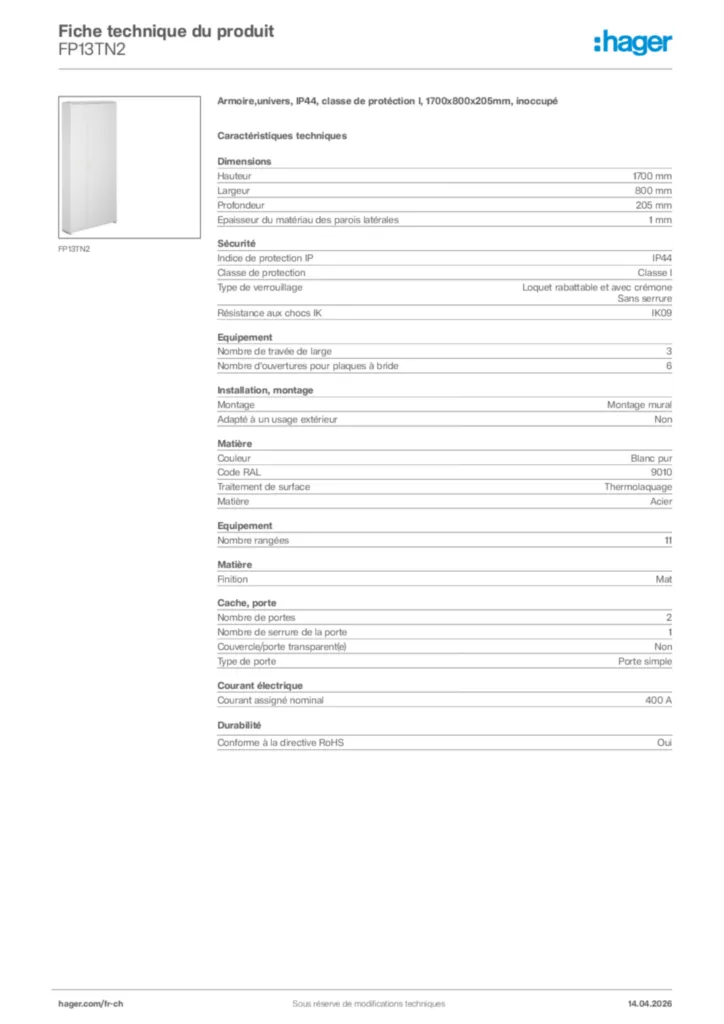 Image Hager Fiche technique du produit FP13TN2 | Hager Suisse