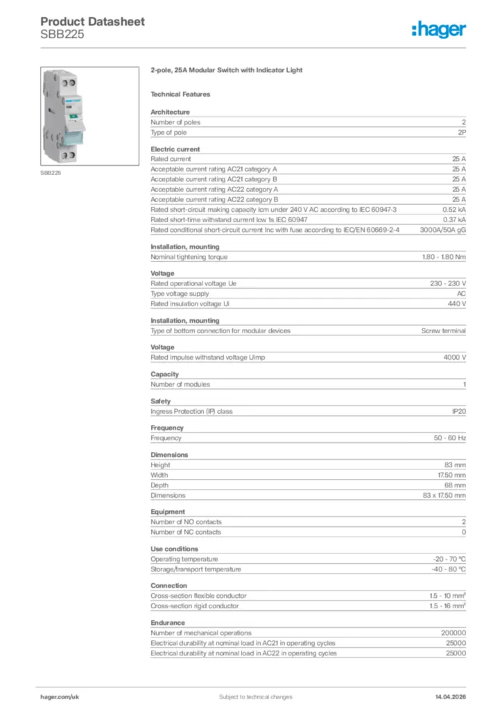 Image Hager Product data sheet SBB225  | Hager