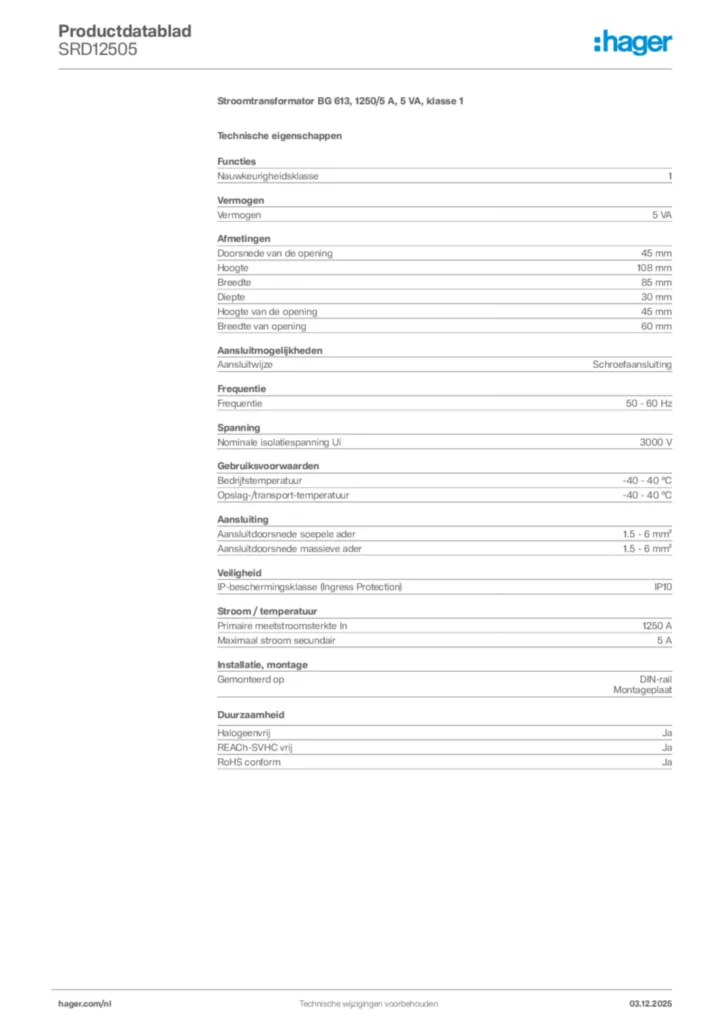 Afbeelding Hager Productdatablad SRD12505 | Hager Nederland