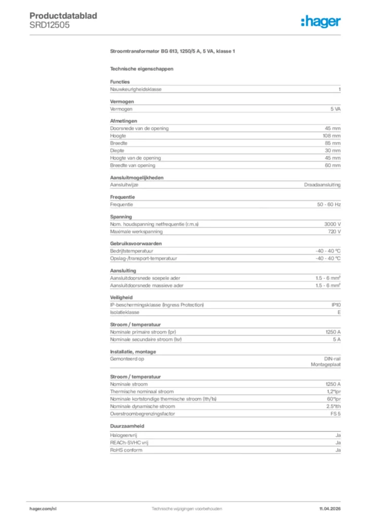Afbeelding Hager Productdatablad SRD12505 | Hager Nederland