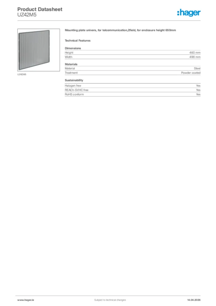 Image Hager Product data sheet UZ42M5  | Hager