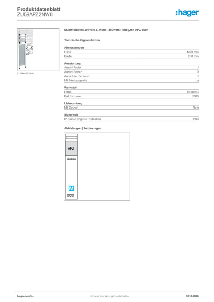 Bild Hager Produktdatenblatt ZU59APZ2NW6 | Hager Deutschland