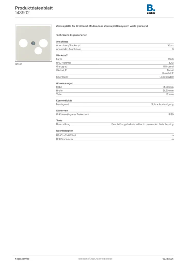 Bild Berker Produktdatenblatt 143902 | Hager Deutschland