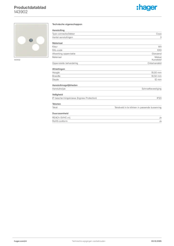 Afbeelding Hager Productdatablad 143902 | Hager Nederland