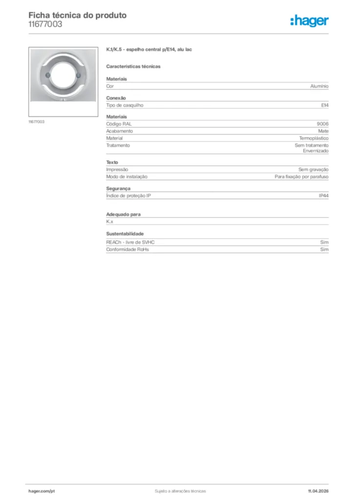 Imagem Hager Ficha técnica do produto 11677003 | Hager Portugal