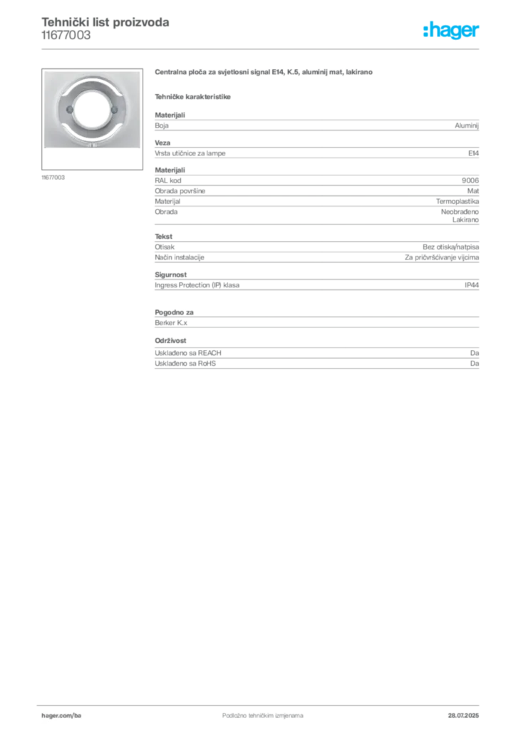 Slika Hager Product data sheet 11677003  | Hager