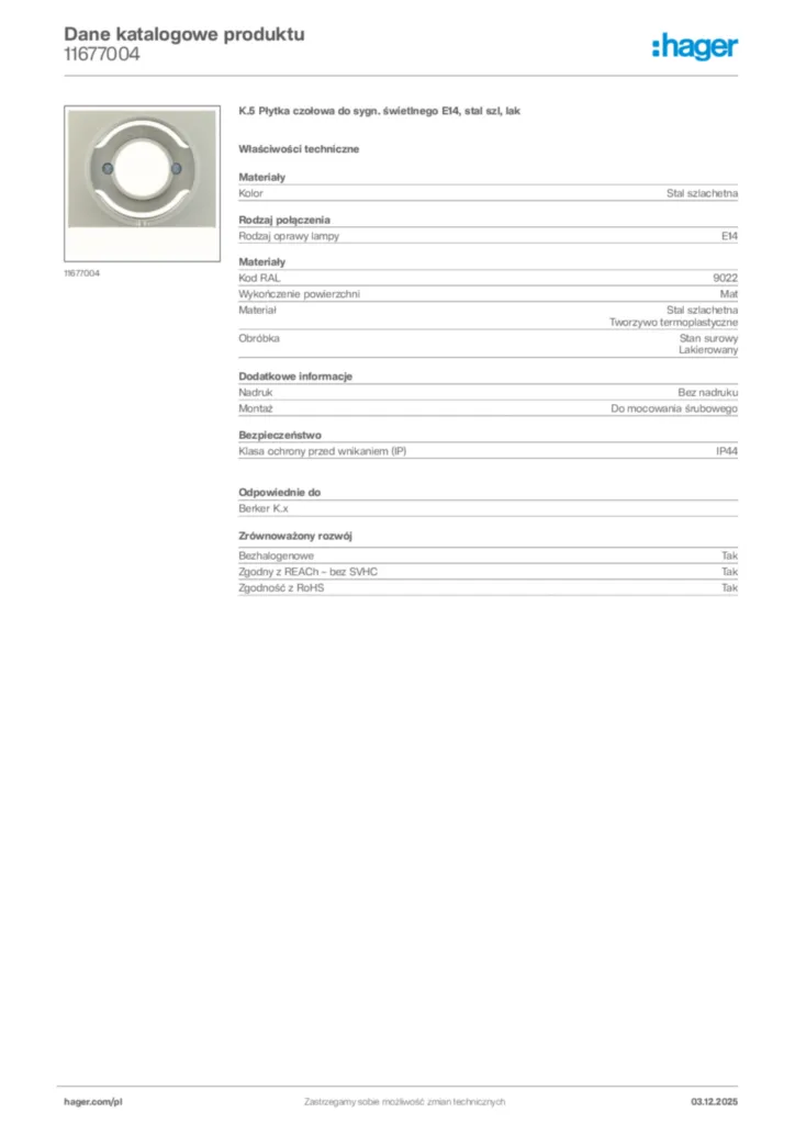 Zdjęcie Hager Karta katalogowa 11677004 | Hager Polska