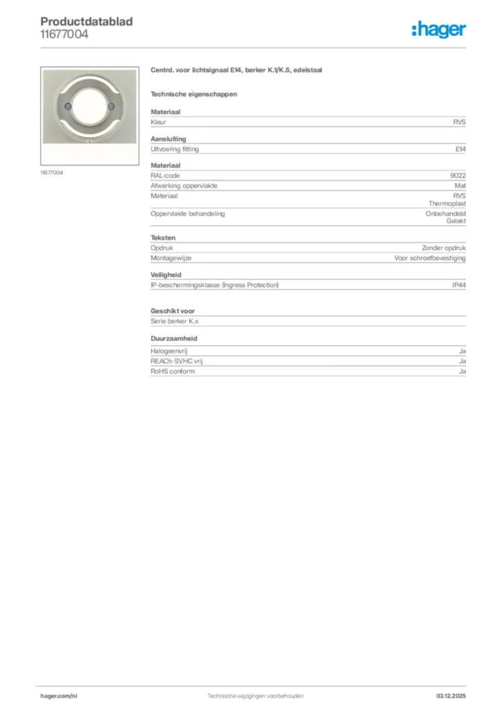 Afbeelding Hager Productdatablad 11677004 | Hager Nederland