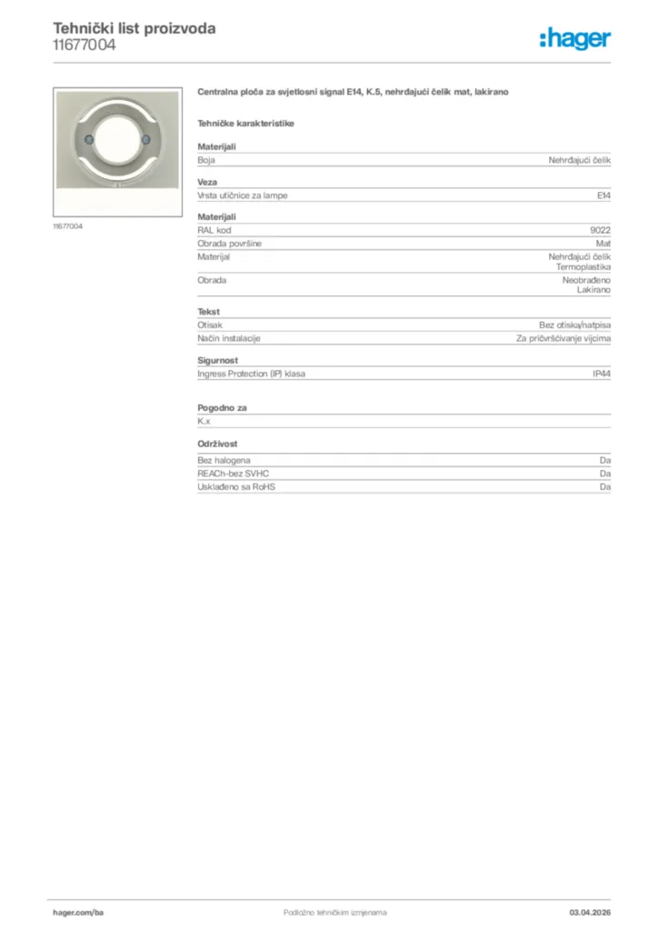 Slika Hager Tehnički list proizvoda 11677004  | Hager