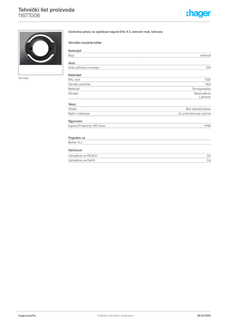 Slika Hager Product data sheet 11677006  | Hager