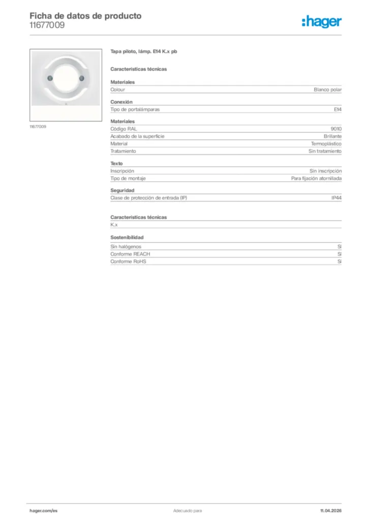 Imagen Hager Ficha de datos de producto 11677009 | Hager España