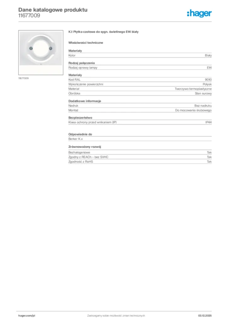 Zdjęcie Hager Dane katalogowe produktu 11677009 | Hager Polska