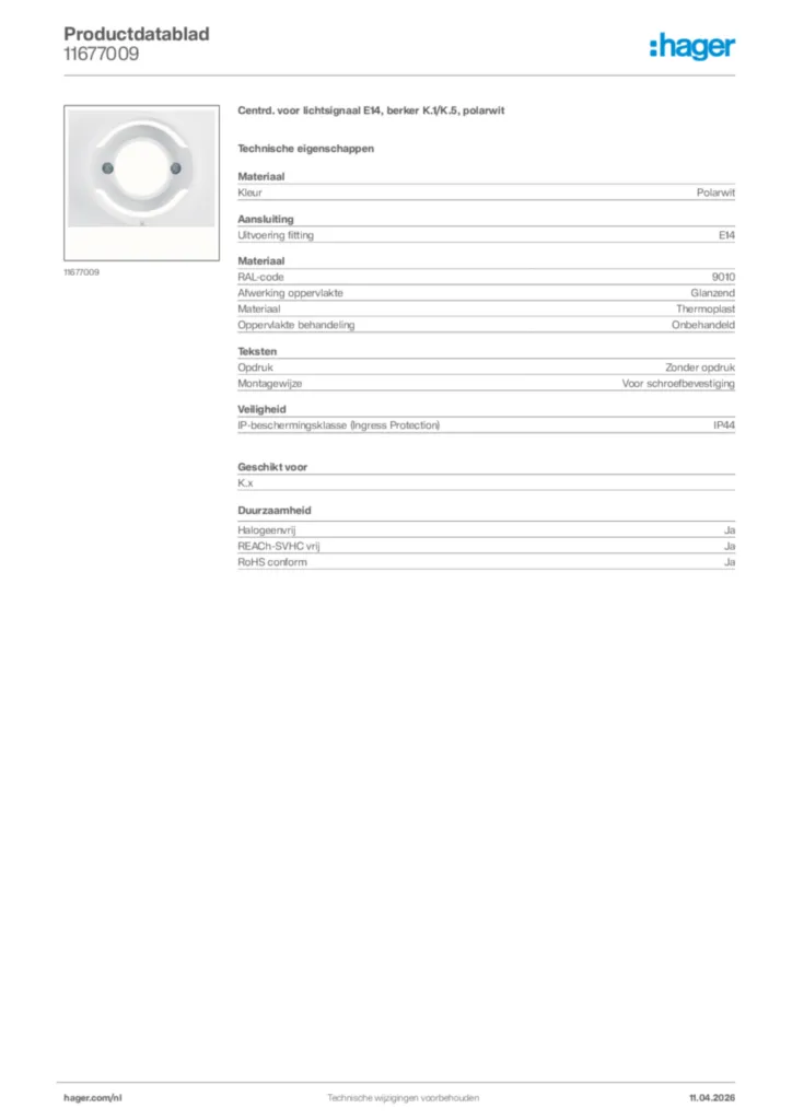 Afbeelding Hager Productdatablad 11677009 | Hager Nederland