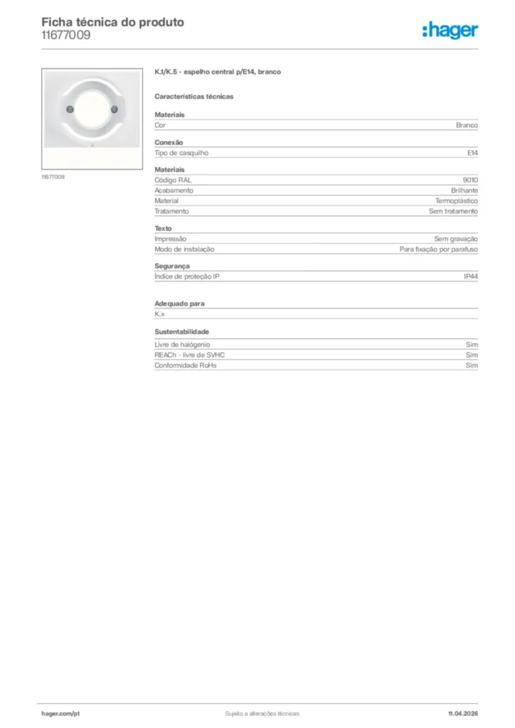 Imagem Hager Ficha técnica do produto 11677009 | Hager Portugal
