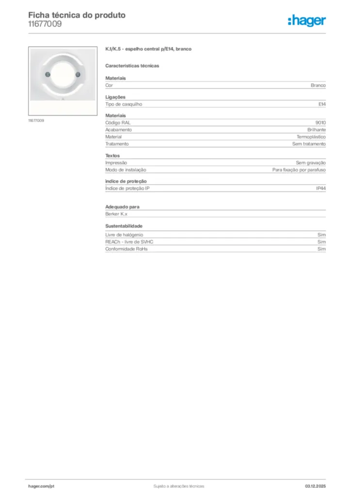 Imagem Hager Ficha técnica do produto 11677009 | Hager Portugal