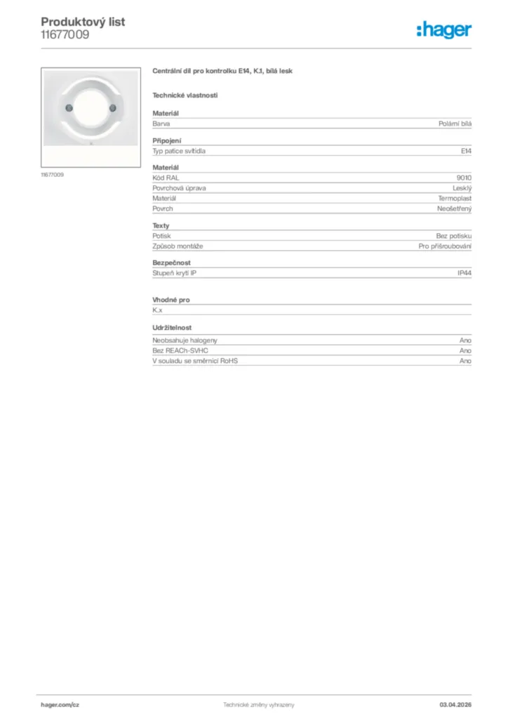 Obrázek Hager Product data sheet 11677009 | Hager