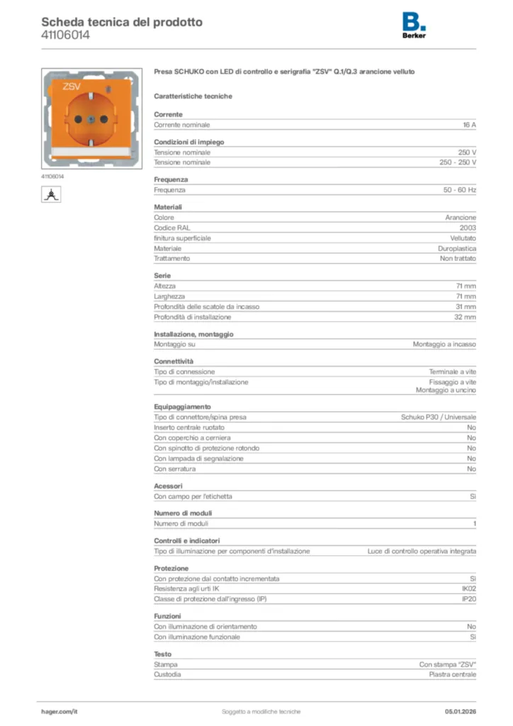 Immagine Berker Scheda tecnica del prodotto 41106014 | Hager Italia