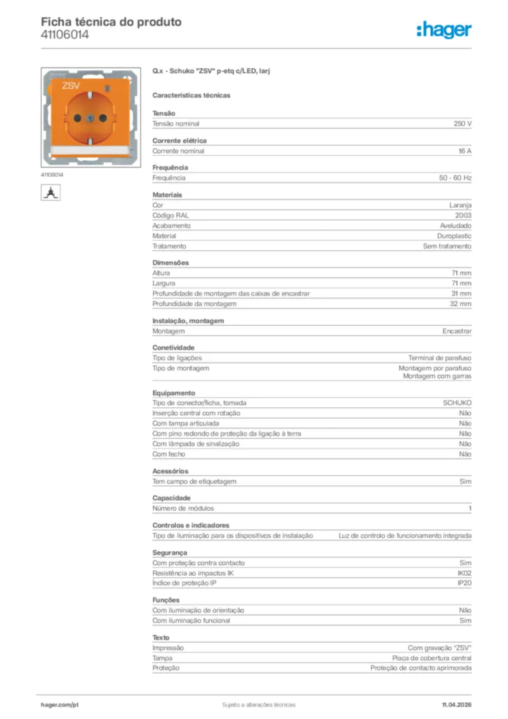Imagem Hager Ficha técnica do produto 41106014 | Hager Portugal