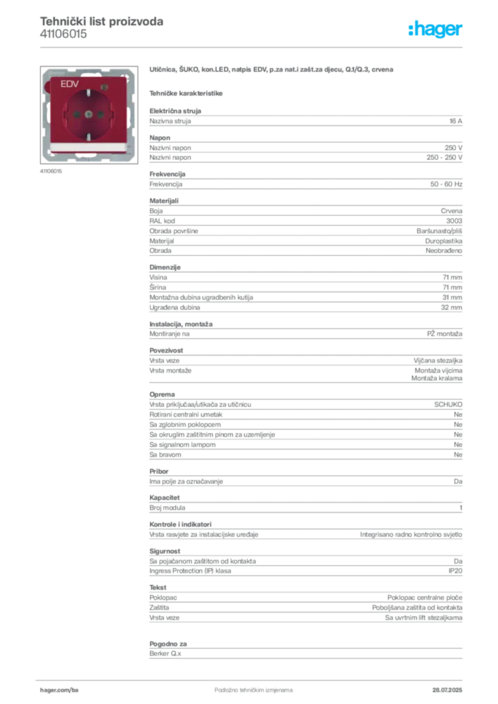 Slika Hager Product data sheet 41106015  | Hager